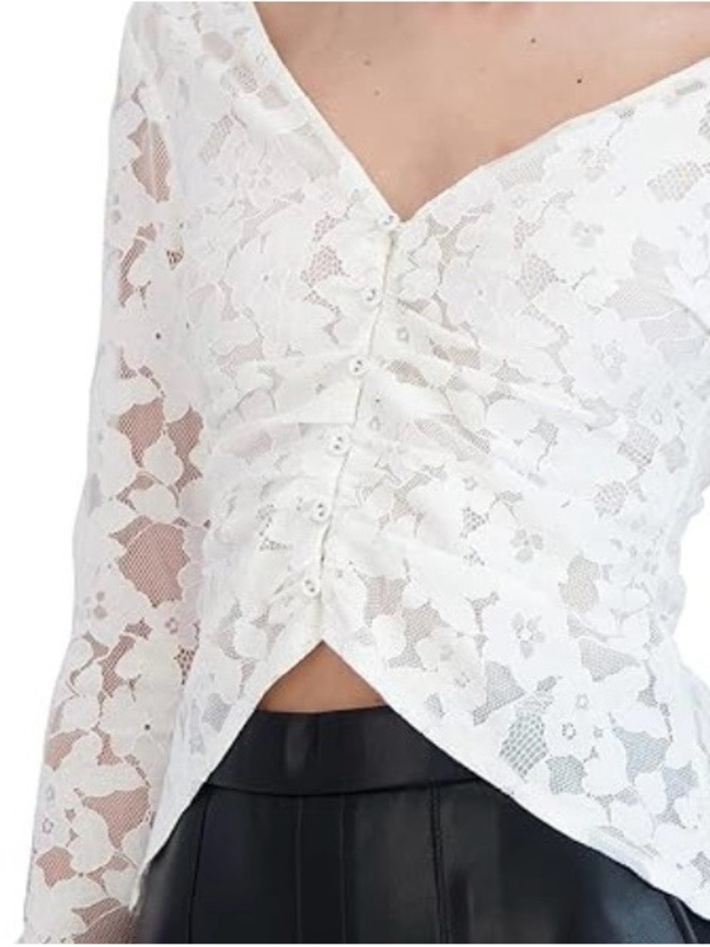 BCBGMaxAzria White Lace Button-Front V-Neck Blouse